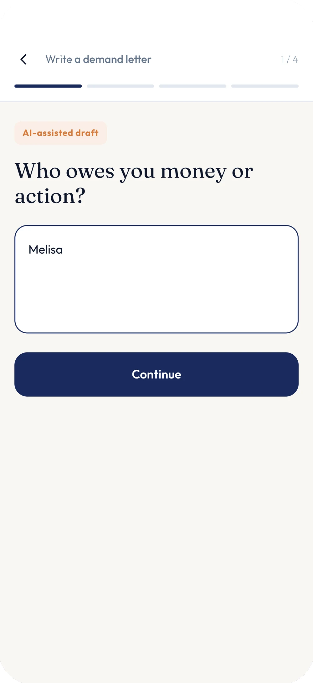 Legally "Write a demand letter" wizard, step one of four, marked AI-assisted draft. It asks who owes the user money or action, with a text field.