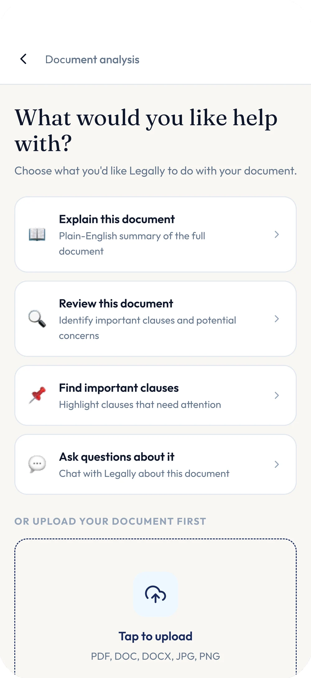 Legally document analysis screen. Explain this document, Review this document, Find important clauses and Ask questions about it are offered as actions, above a "Tap to upload" dropzone accepting PDF, DOC, DOCX, JPG and PNG.