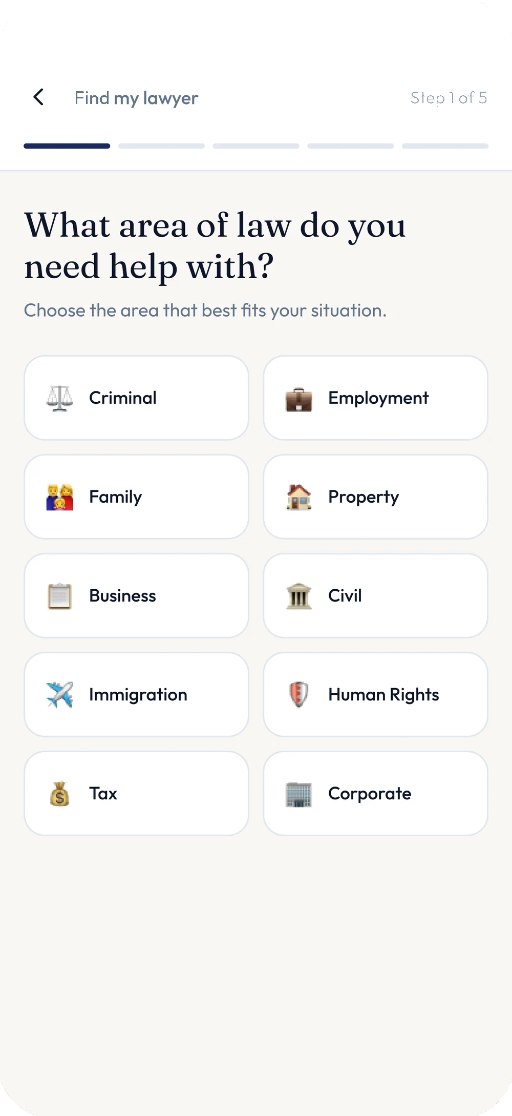 Legally "Find my lawyer" wizard, step one of five. Ten areas of law — Criminal, Employment, Family, Property, Business, Civil, Immigration, Human Rights, Tax, Corporate — are offered as the starting question.