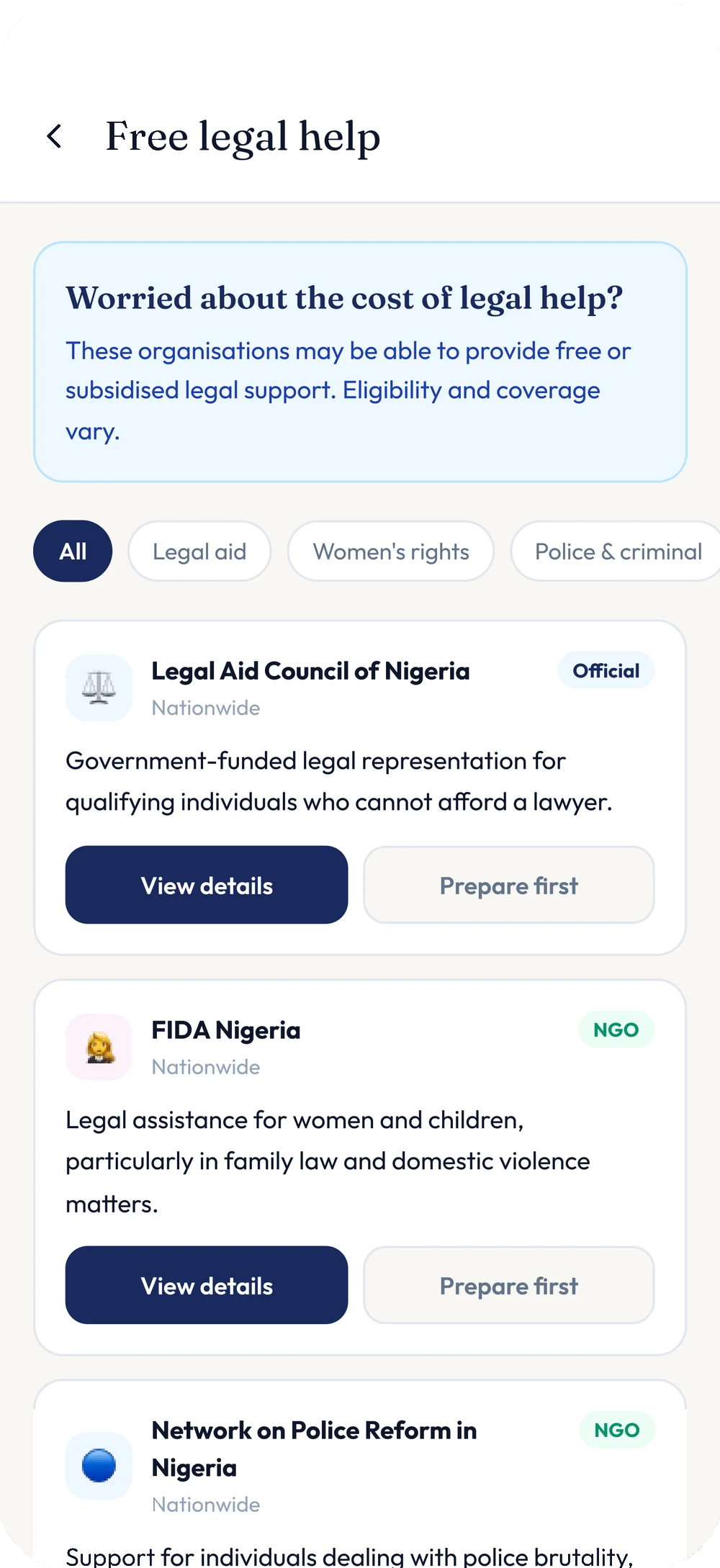 Legally free legal help screen. A note explains that eligibility and coverage vary, above organisations including the Legal Aid Council of Nigeria, marked Official, and FIDA Nigeria and the Network on Police Reform in Nigeria, both marked NGO, each with View details and Prepare first actions.