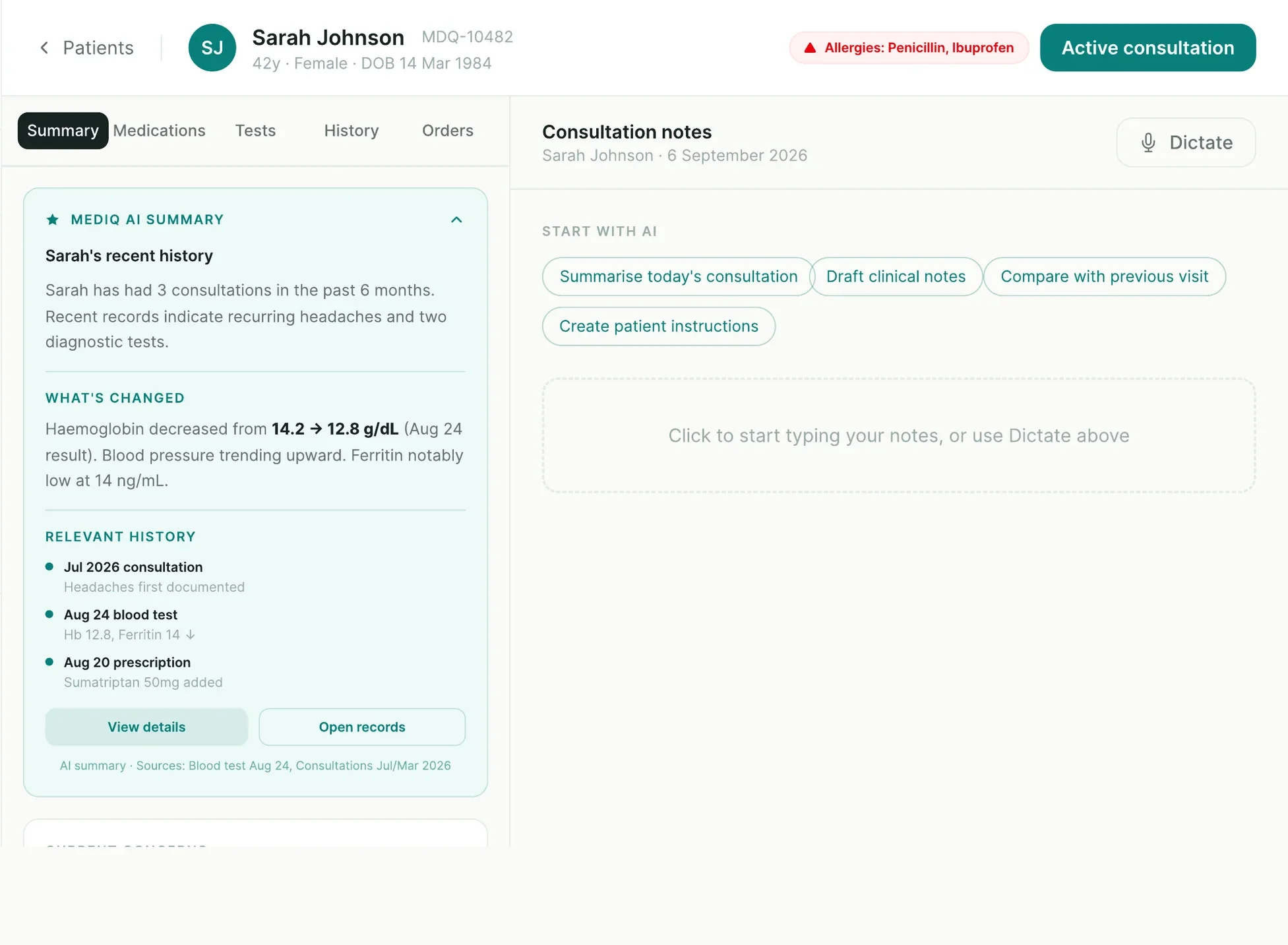 MEDIQ clinician patient view. A Mediq AI summary gives recent history, what has changed in the patient's results and relevant history, citing its sources, beside a consultation notes pane with dictation and AI drafting actions.