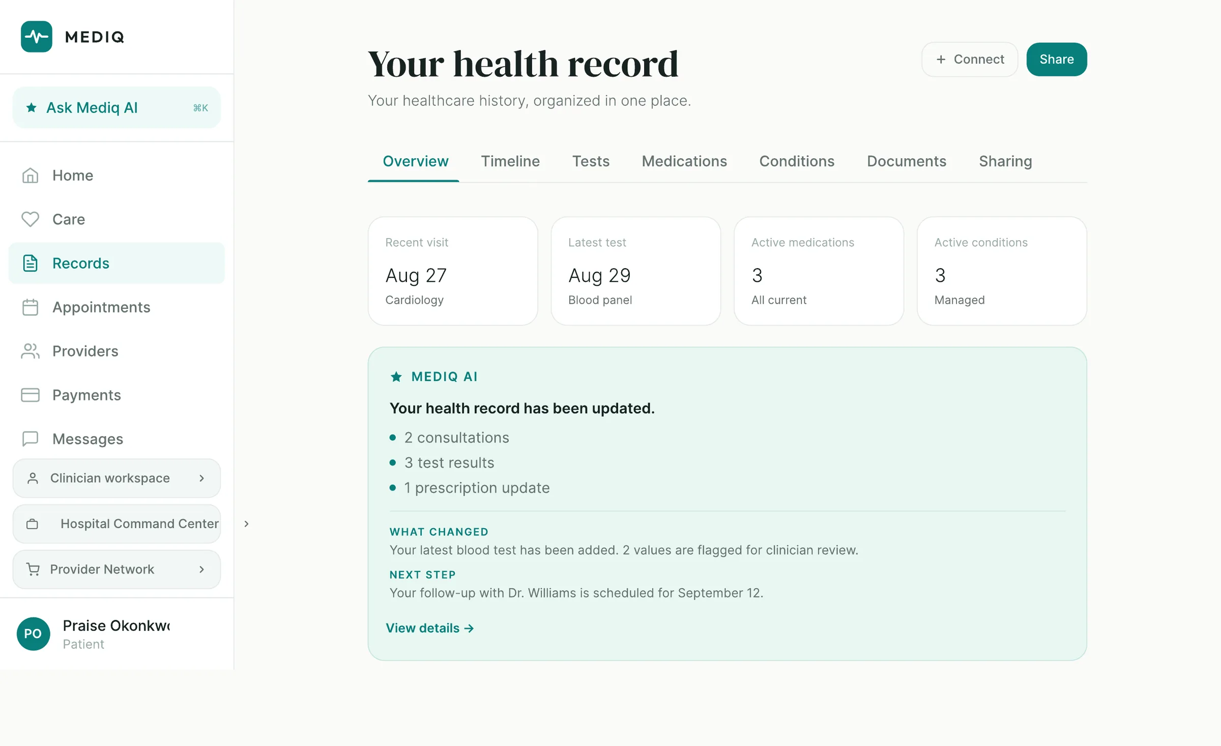 MEDIQ "Your health record" screen. Summary tiles show recent visit, latest test, active medications and active conditions, above a Mediq AI panel listing what changed in the record and the next step.