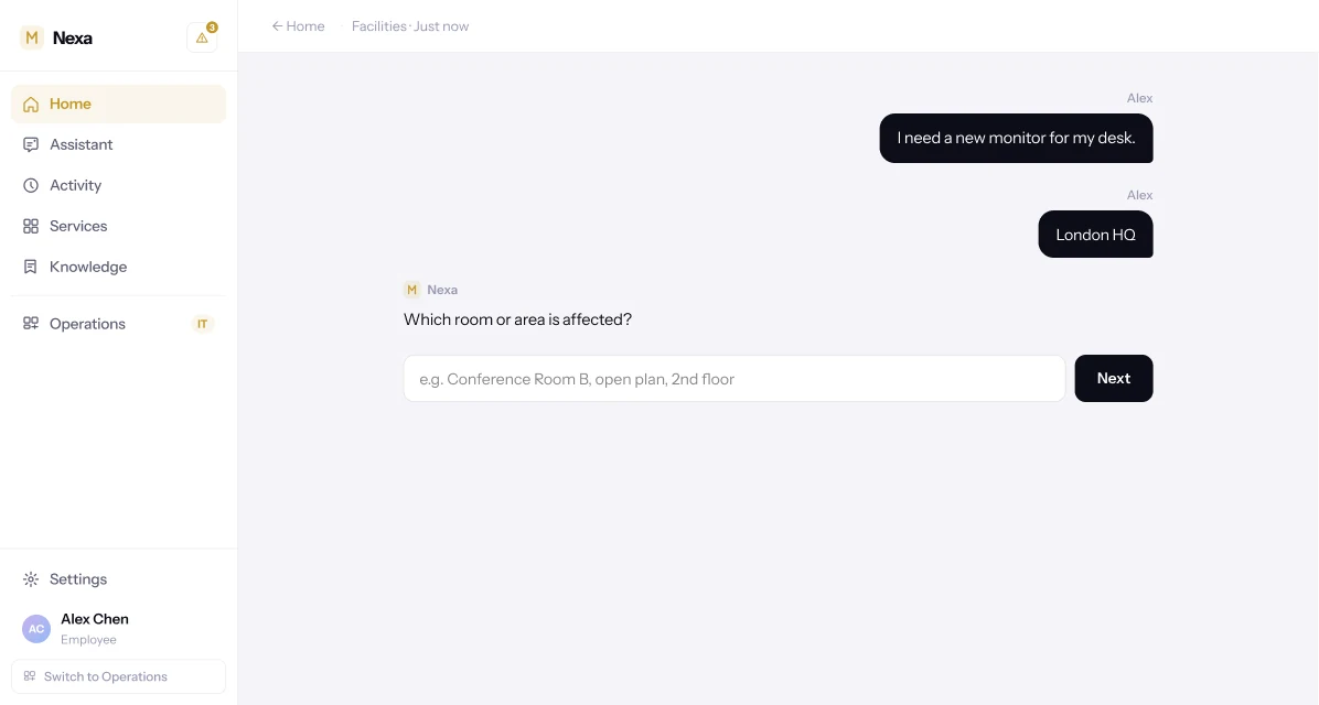 Nexa conversation, continued. London HQ is confirmed as a reply chip. Nexa asks which room or area is affected, with a free-text field for the answer.