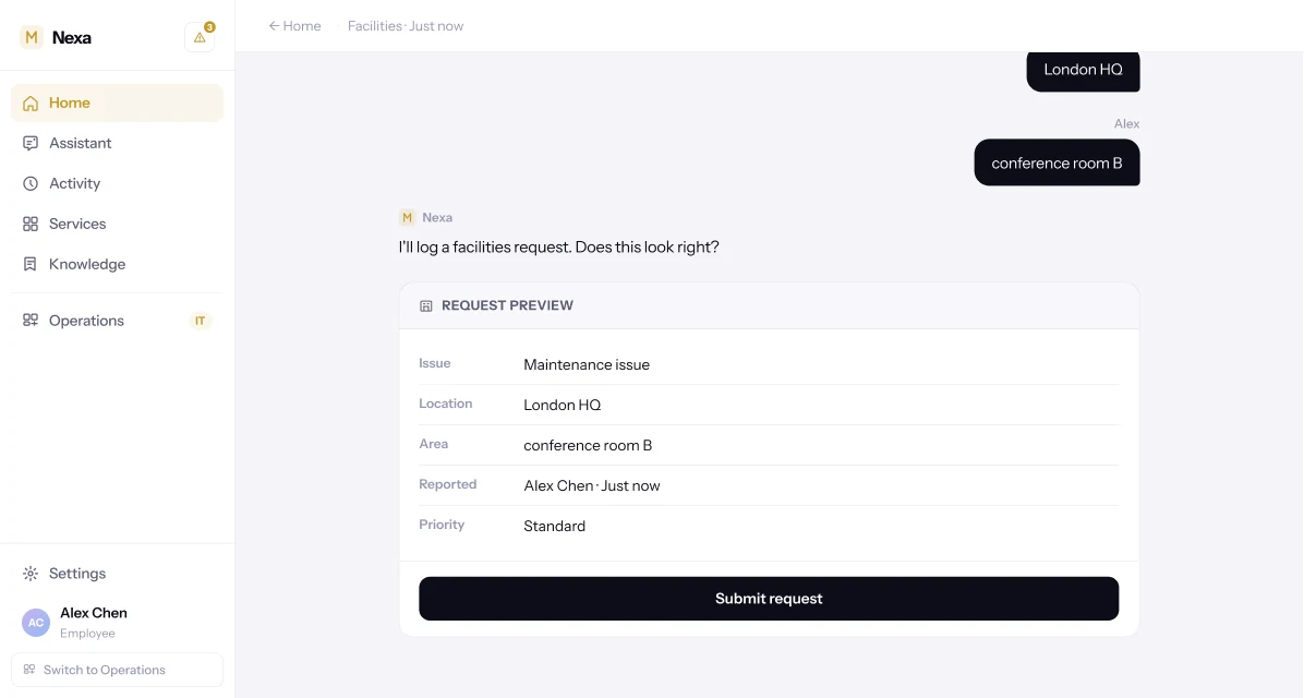 Nexa conversation, continued. Nexa offers to log a facilities request and shows a request preview — issue, location, area, reporter and timestamp, priority — with a Submit request button.