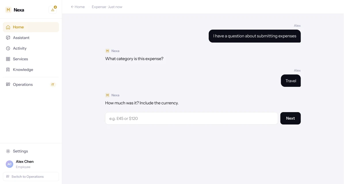 Nexa conversation, continued. Travel is confirmed as a reply chip. Nexa asks how much it was, including the currency, with a free-text field.