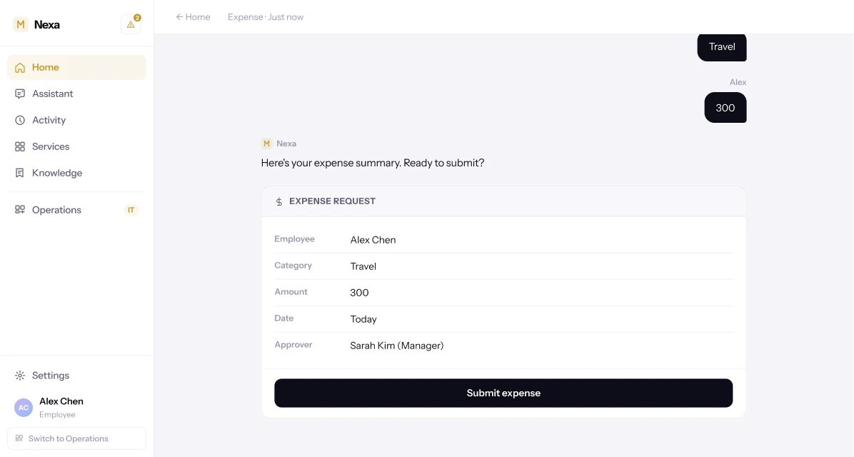 Nexa conversation, continued. Nexa shows an expense request summary — employee, category, amount, date and approver, Sarah Kim (Manager) — with a Submit expense button.