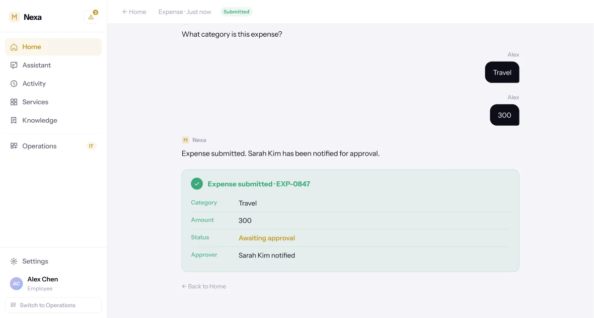 Nexa conversation, continued. Nexa confirms the expense was submitted and Sarah Kim has been notified for approval, in an expense-submitted card showing reference EXP-0847, category, amount and status: Awaiting approval.