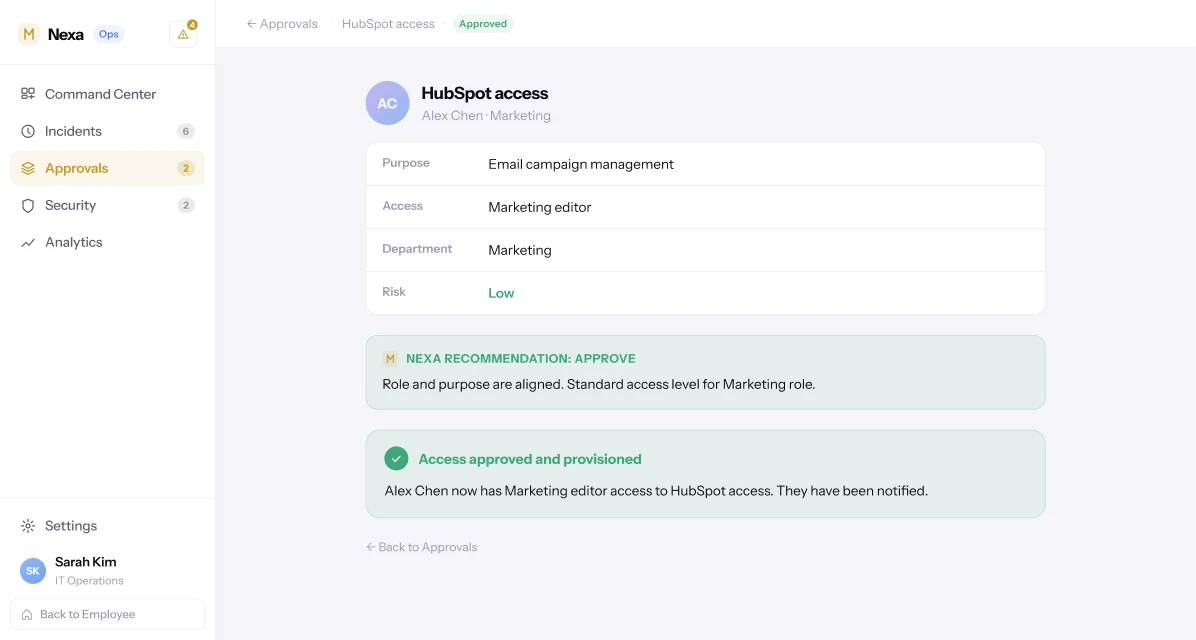 Nexa Operations approval detail, approved. The same HubSpot access request now shows "Access approved and provisioned — Alex Chen now has Marketing editor access to HubSpot. They have been notified."